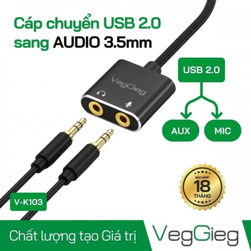 Cáp chuyển USB ra audio 3.5mm hỗ trợ Mic và Tai Nghe Veggieg V-K103